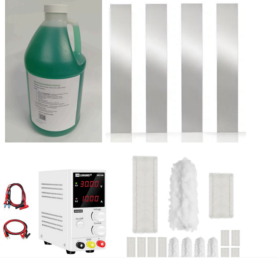 Nickel brush plating kit with one gallon solution, power supply, brush plating pads, and nickel plates