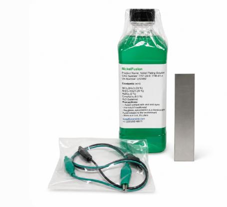Nickel solution with anode and clips for starter plating setup