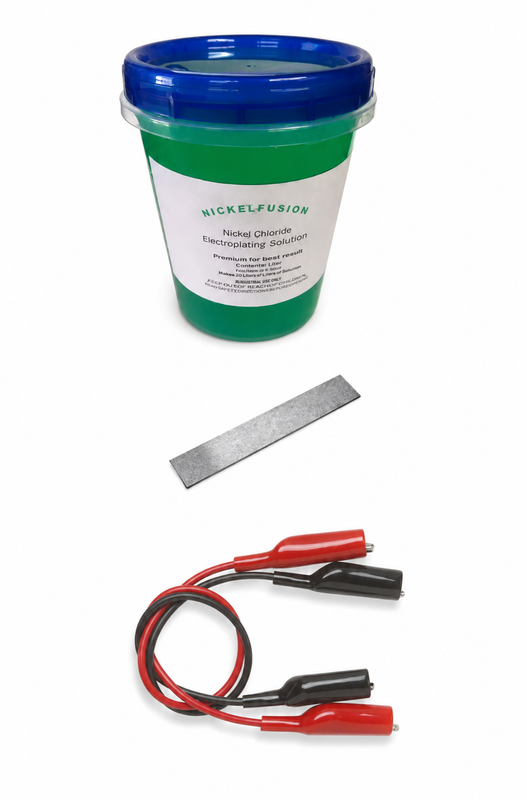 Nickel plating starter kit beginner setup with solution, nickel anode, lead clips, and quick start guide
