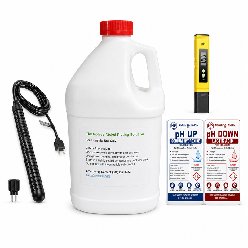 Complete electroless nickel plating kit with solution, heater, container, and temperature control