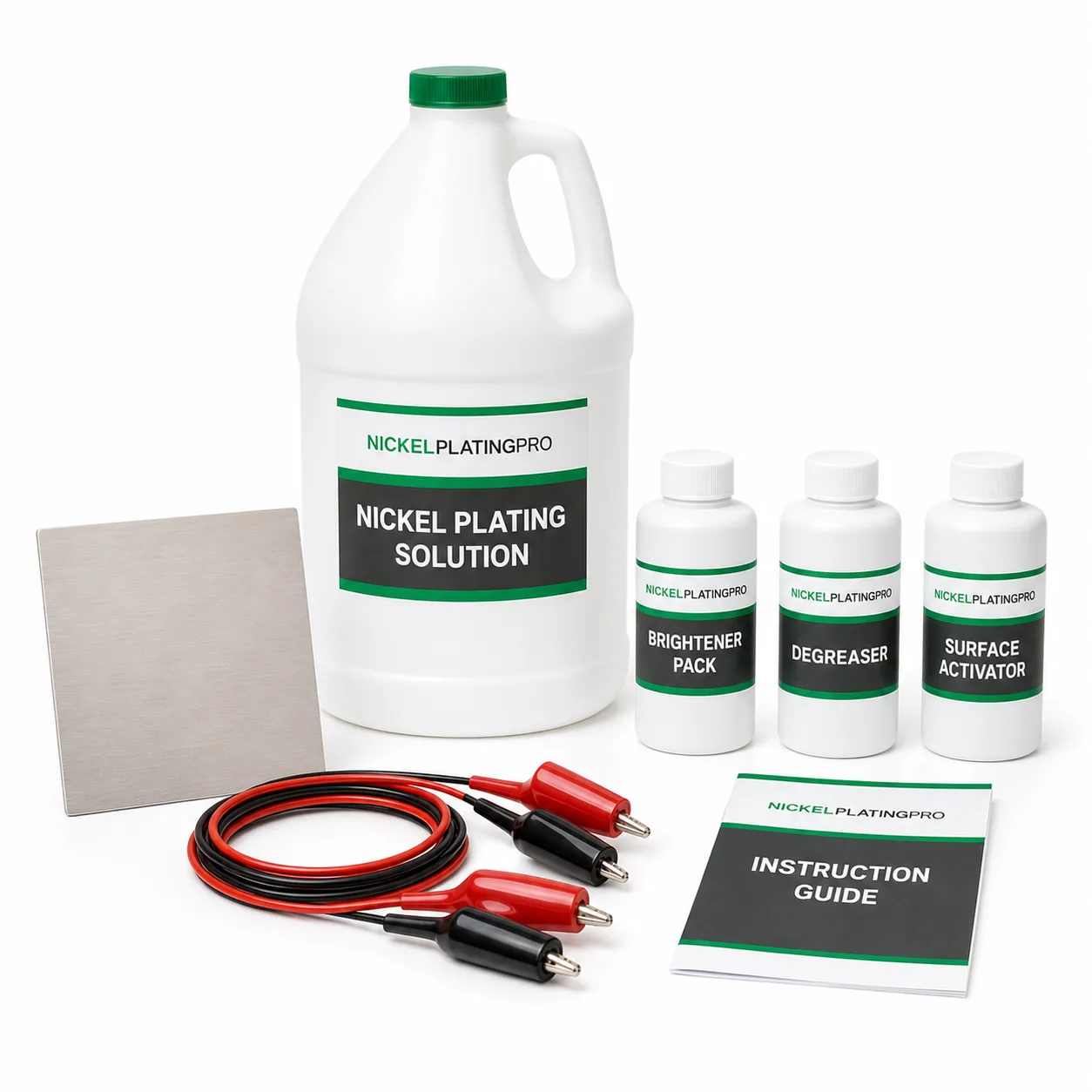 Complete nickel plating system with one gallon solution, prep chemicals, nickel anode, leads, and instructions